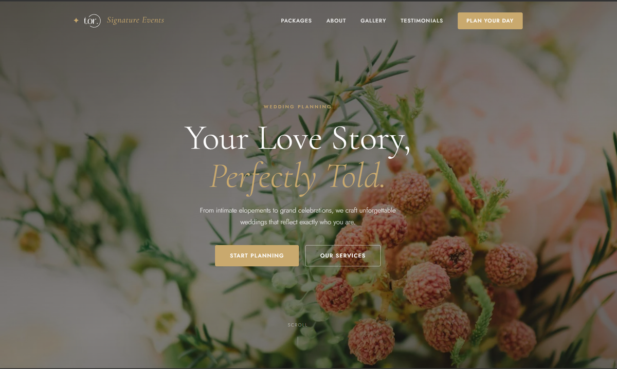 Homepage of the TOR Signature Events wedding planning website built by Seventh Layer